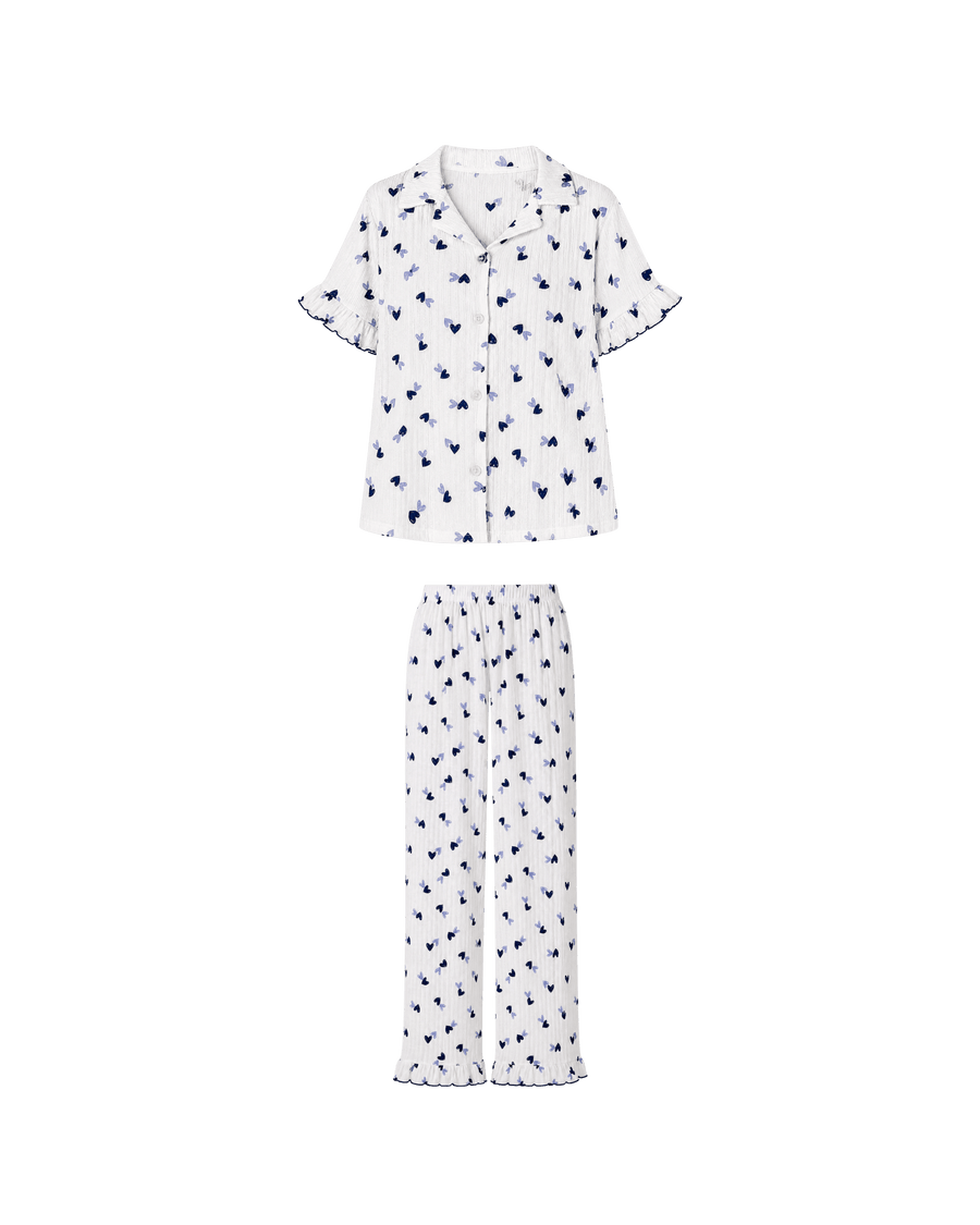 Pyjama Blanc 2 Pièces — Imprimé Cœurs Bleu Marine