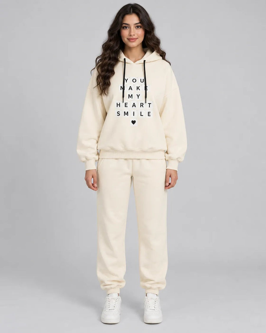 Ensemble Jogging Femme Écru à Capuche Heart Smile