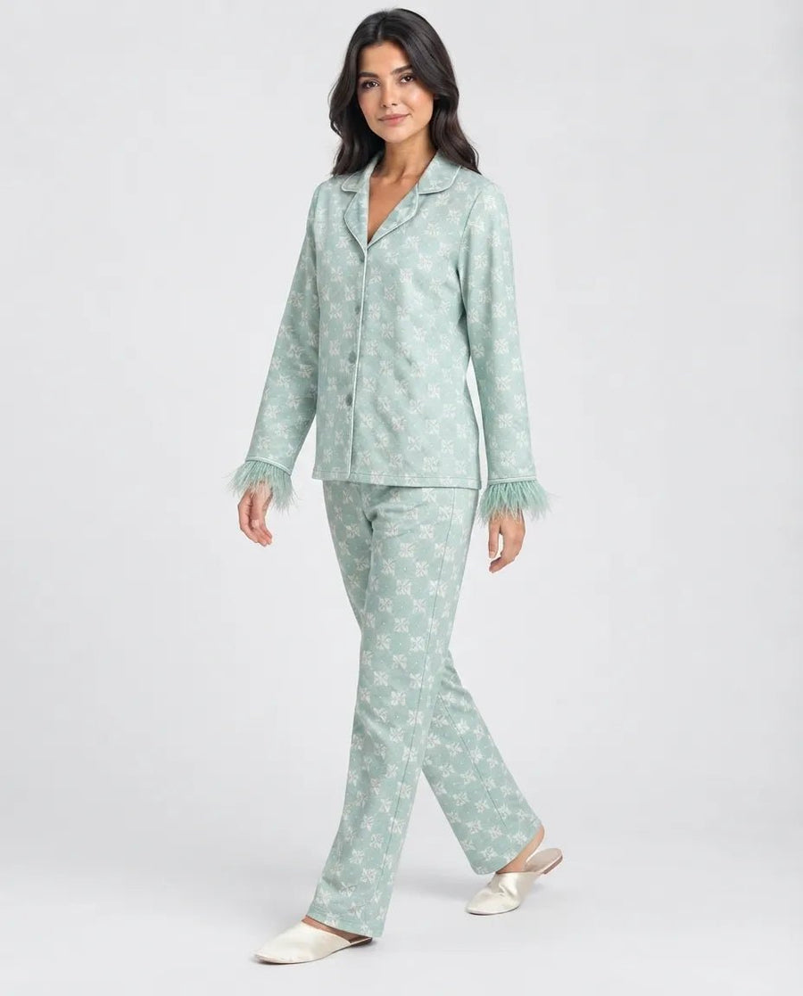 Pyjama Femme Vert Menthe à Plumes – Douceur & Élégance