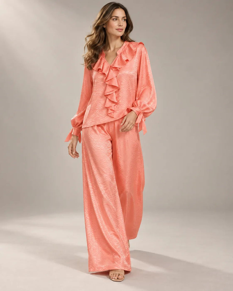 Pyjama Satin Jacquard à Volants – Corail