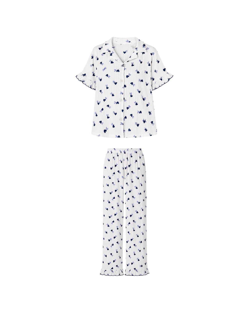 Pyjama Blanc 2 Pièces — Imprimé Cœurs Bleu Marine