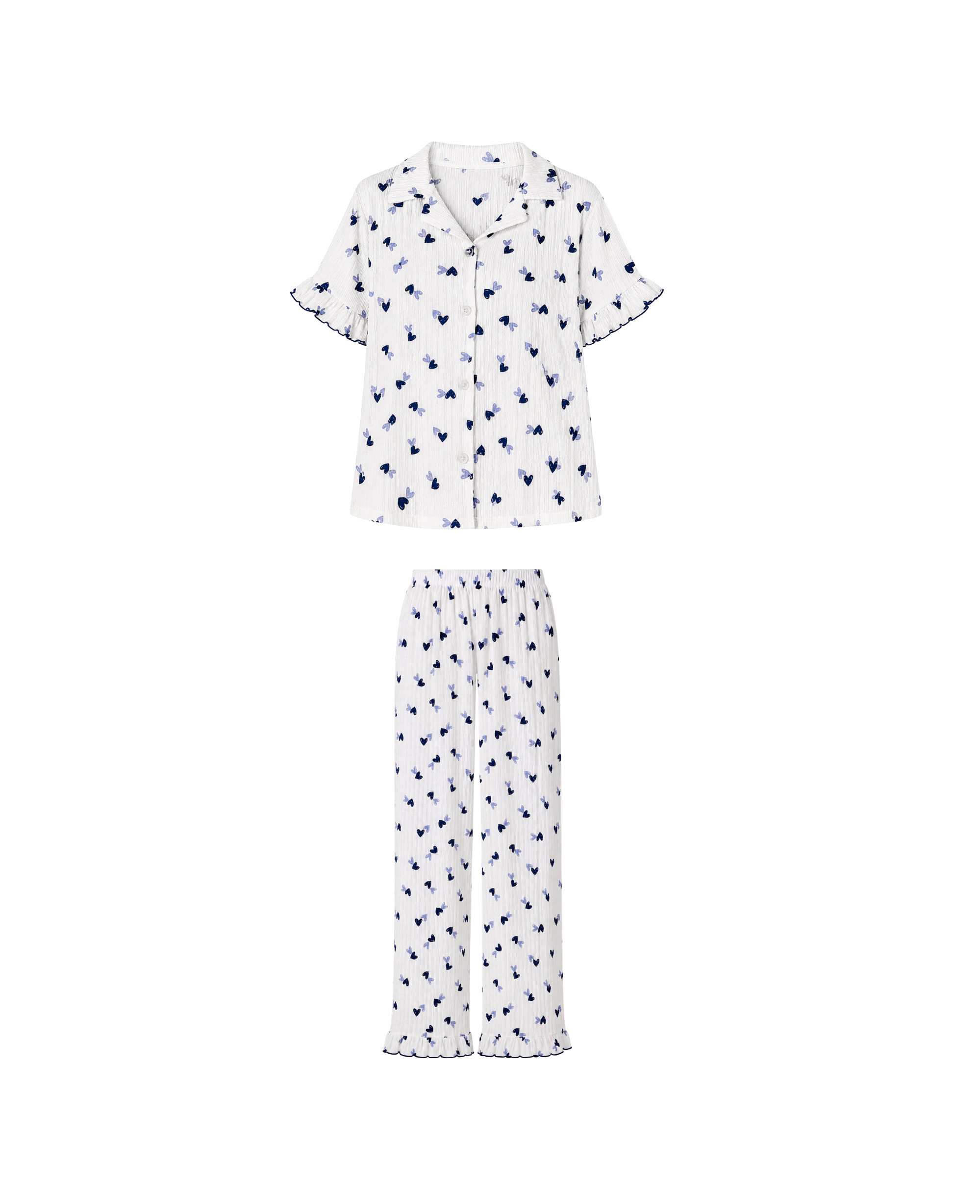 Pyjama Blanc 2 Pièces — Imprimé Cœurs Bleu Marine