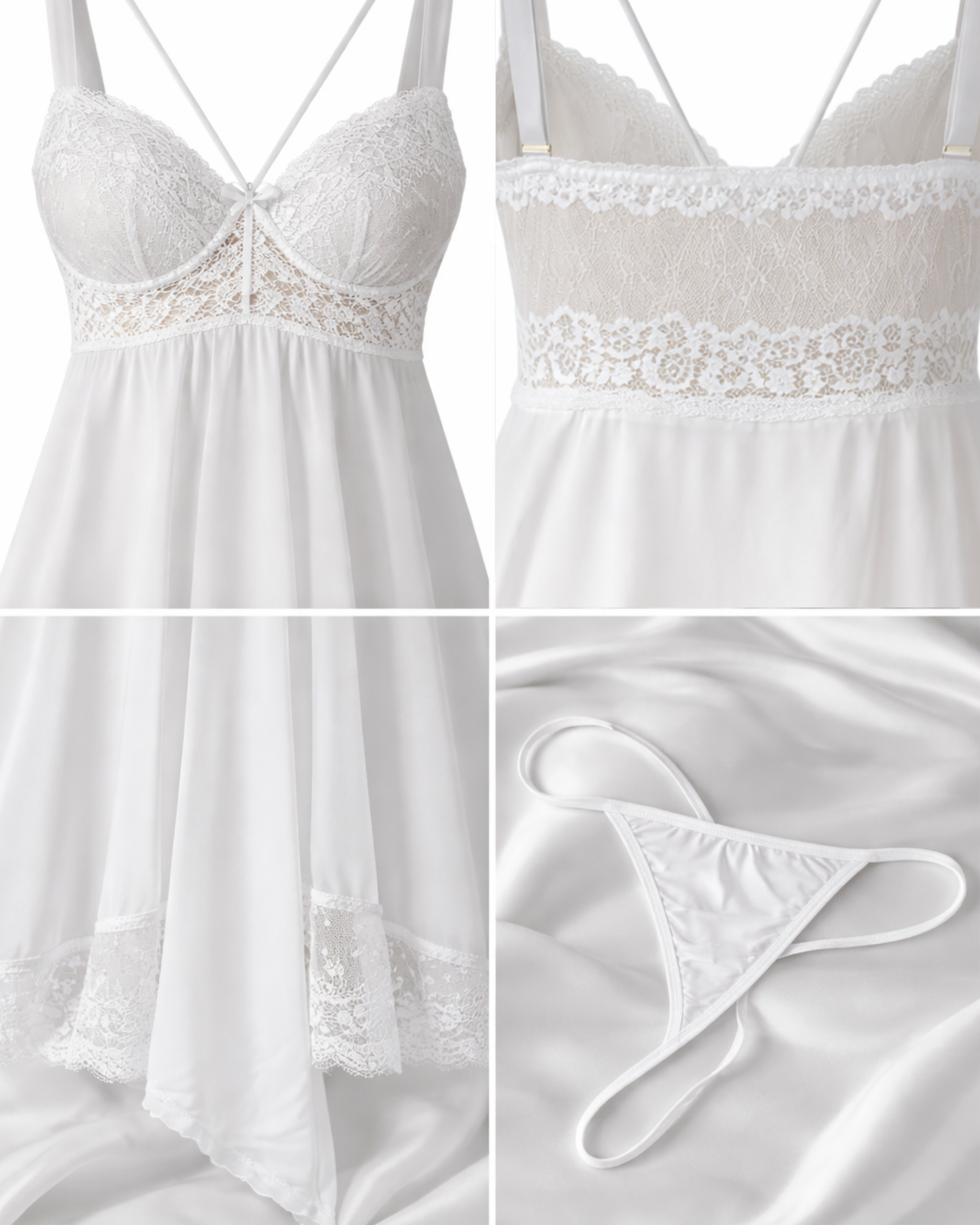 NUISETTE BLANCHE DENTELLE & STRING – MATIÈRE STRETCH