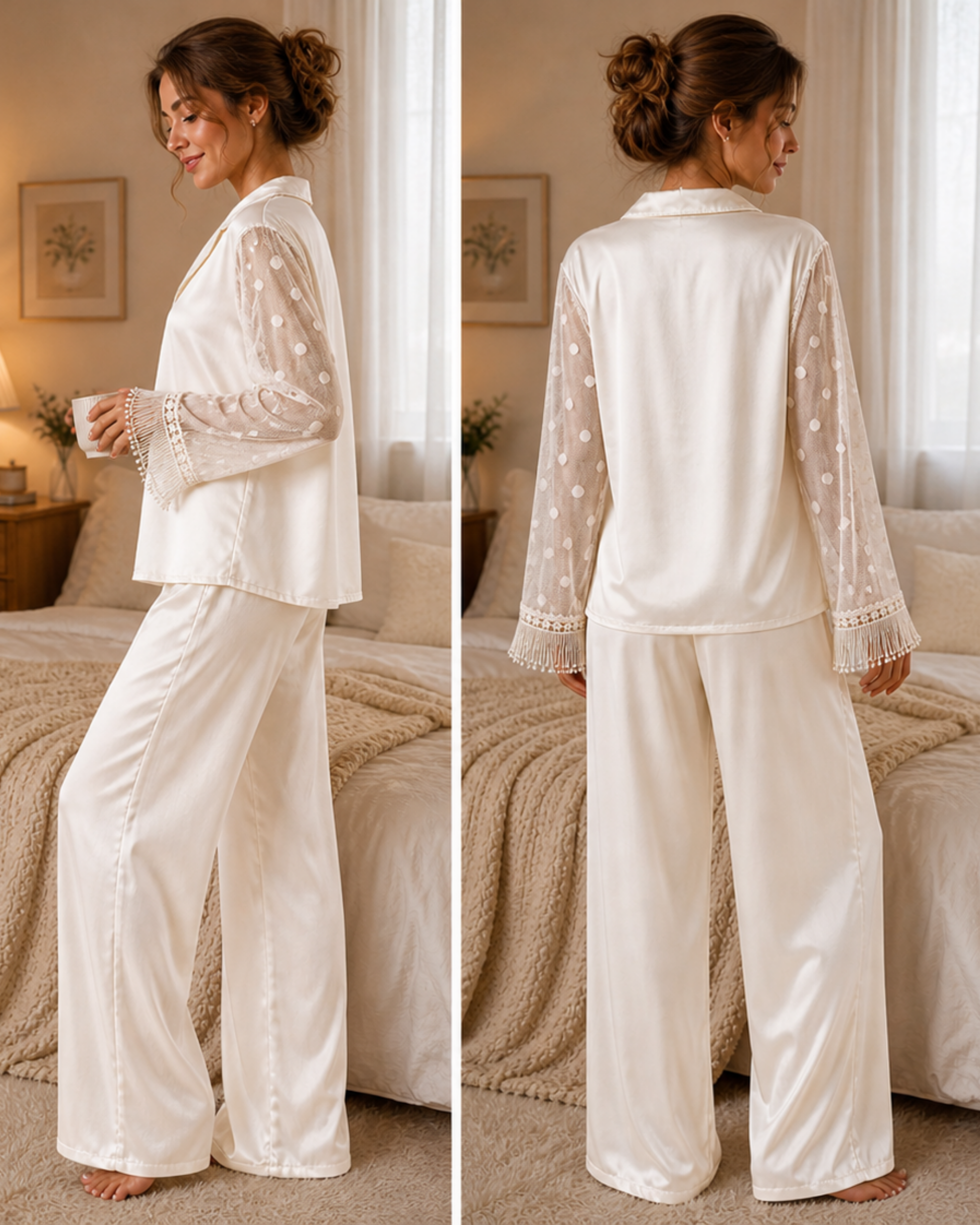 PYJAMA SATIN IVOIRE À MANCHES TRANSPARENTES – ENSEMBLE 2 PIÈCES FEMME ÉLÉGANT