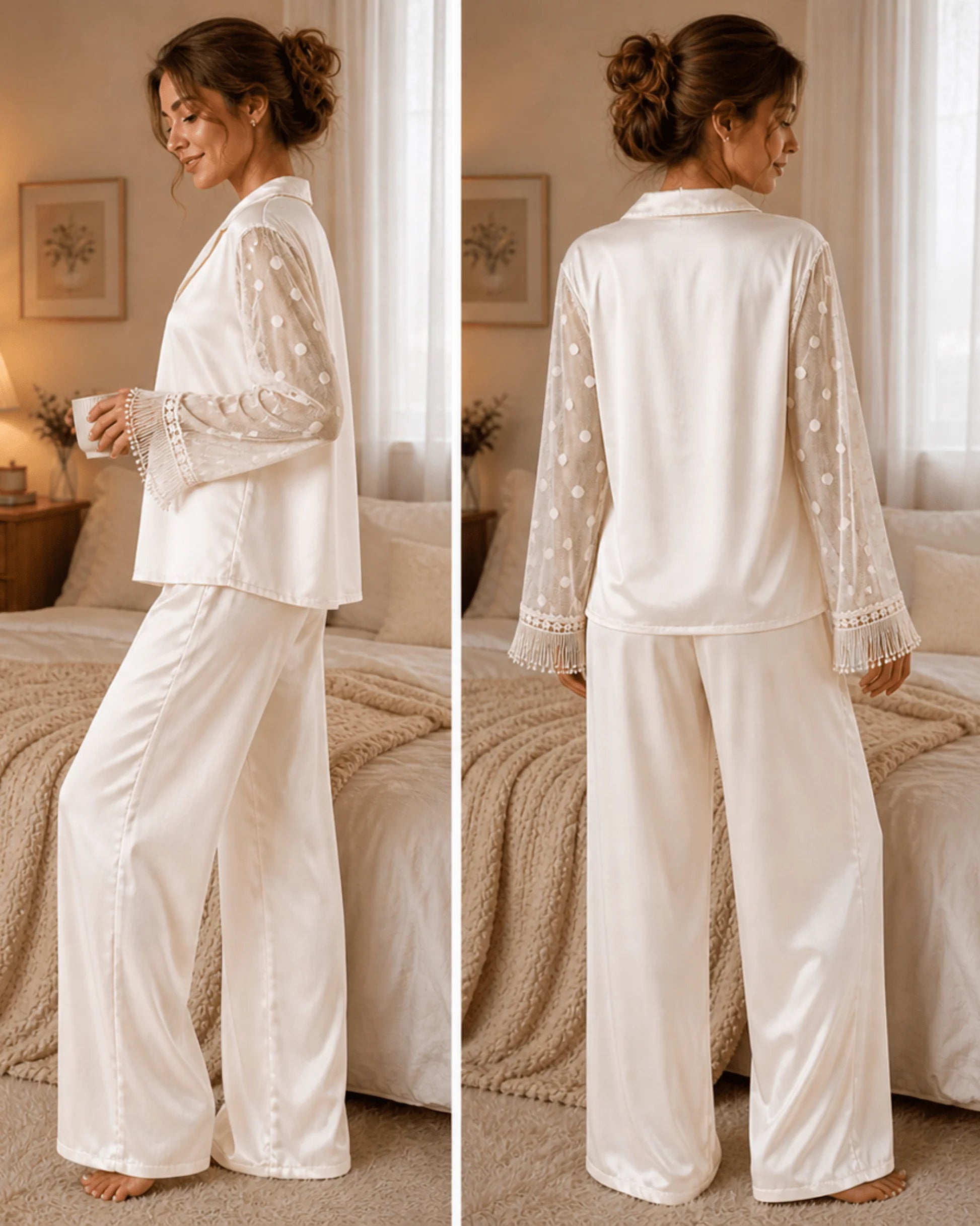 PYJAMA SATIN IVOIRE À MANCHES TRANSPARENTES – ENSEMBLE 2 PIÈCES FEMME ÉLÉGANT - La Sprezzatura pyjamas