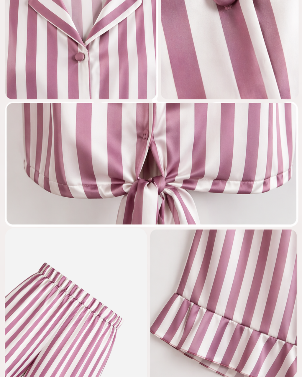 ENSEMBLE PYJAMA SATIN RAYÉ ROSE & BLANC SHORT VOLANTÉ