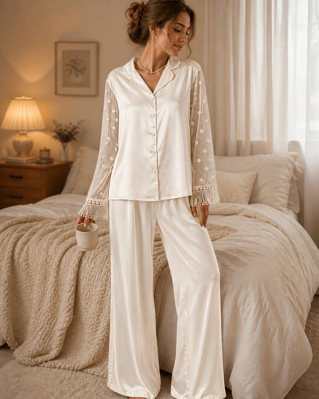 PYJAMA SATIN IVOIRE À MANCHES TRANSPARENTES – ENSEMBLE 2 PIÈCES FEMME ÉLÉGANT - La Sprezzatura pyjamas