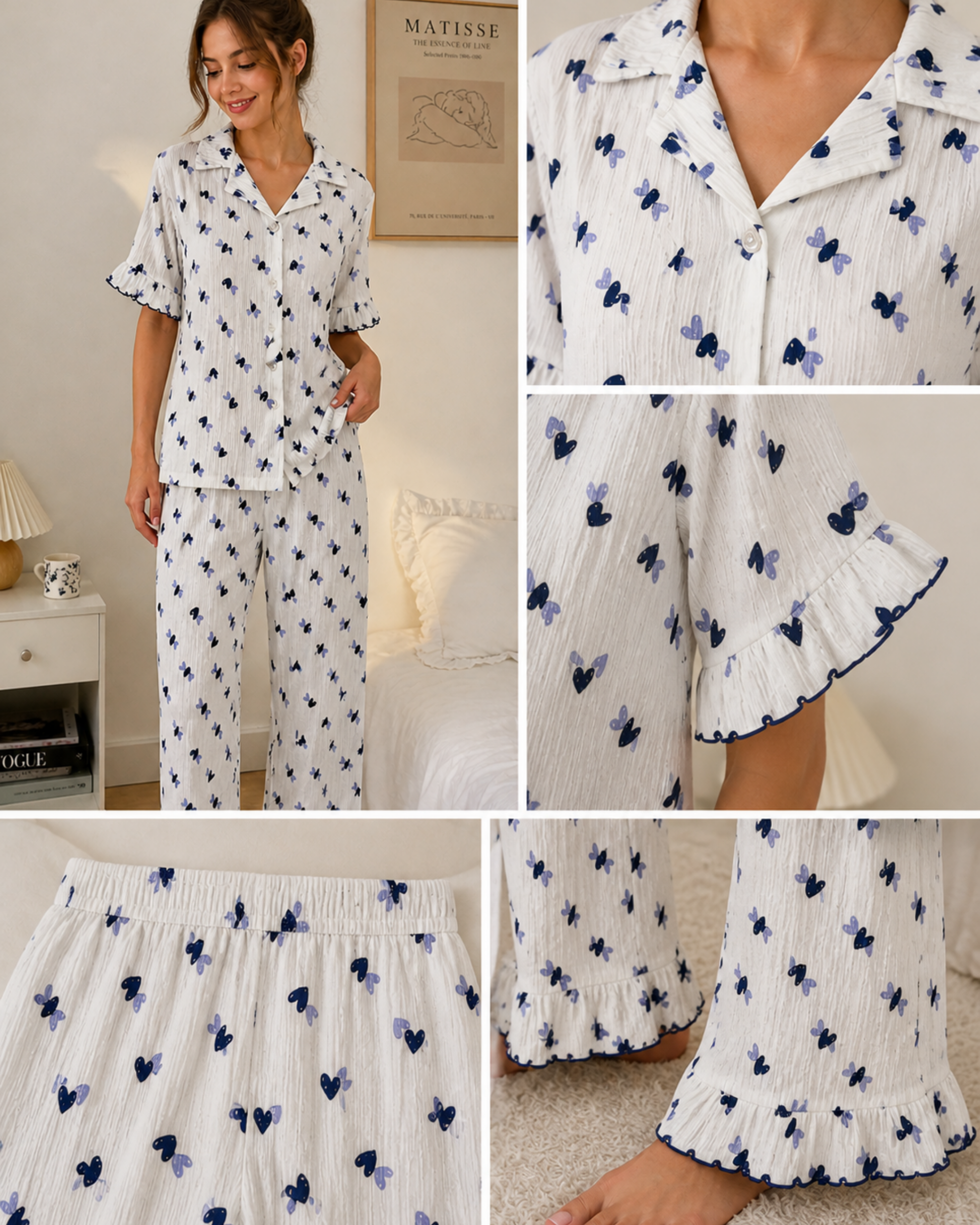 Pyjama Blanc 2 Pièces — Imprimé Cœurs Bleu Marine