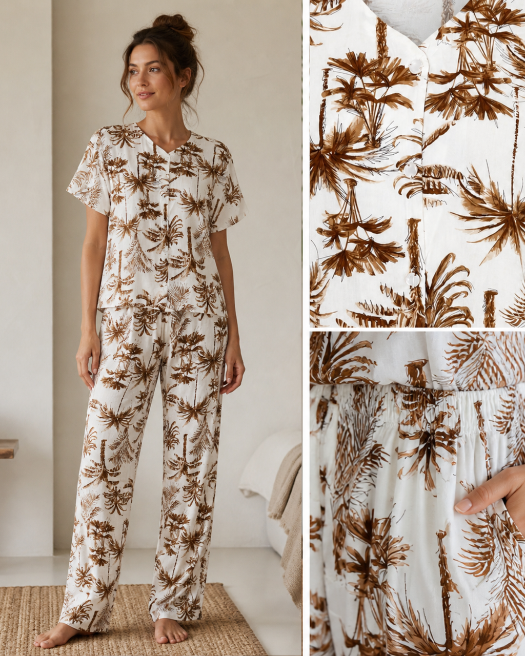 Pyjama Blanc 2 Pièces — Imprimé Palmiers Caramel