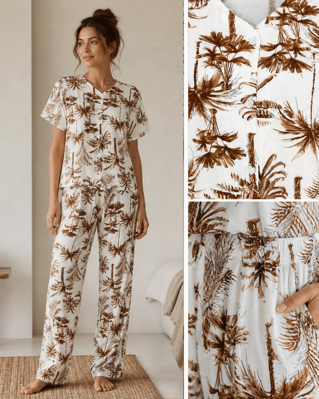 Pyjama Blanc 2 Pièces — Imprimé Palmiers Caramel - La Sprezzatura pyjamas