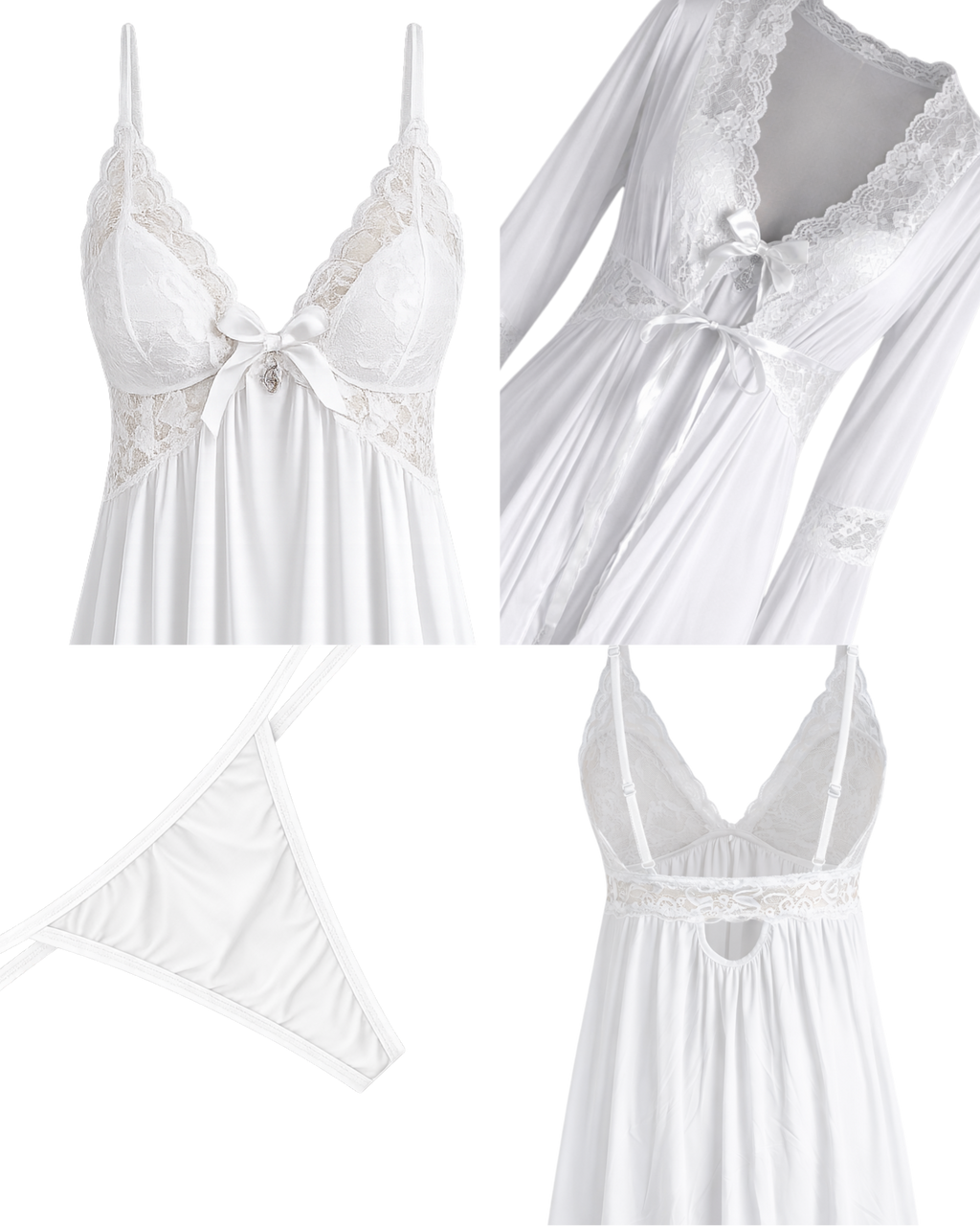 Ensemble Nuisette Blanche Dentelle 3 Pièces – Élégance Satinée & Féminité