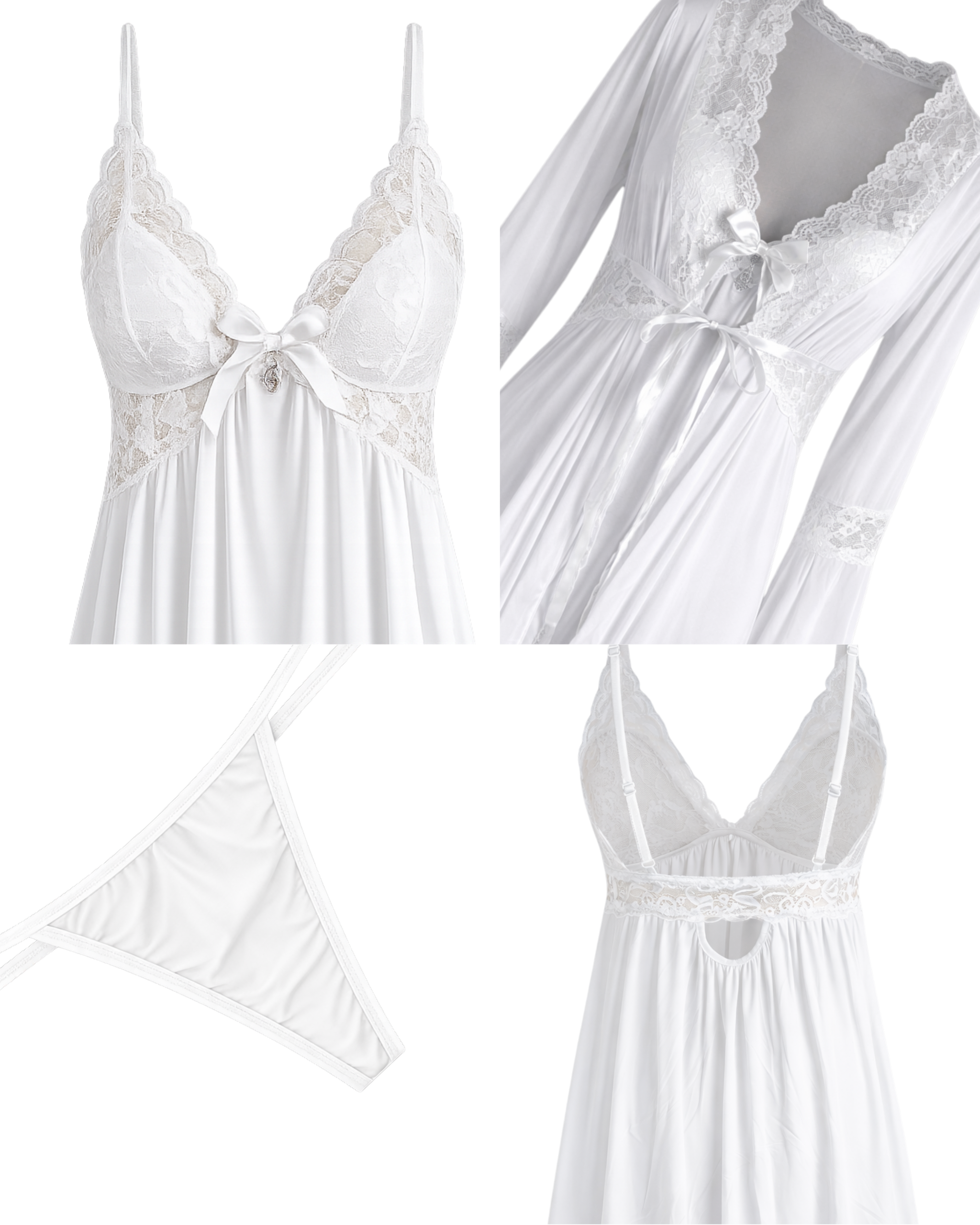 Ensemble Nuisette Blanche Dentelle 3 Pièces – Élégance Satinée & Féminité