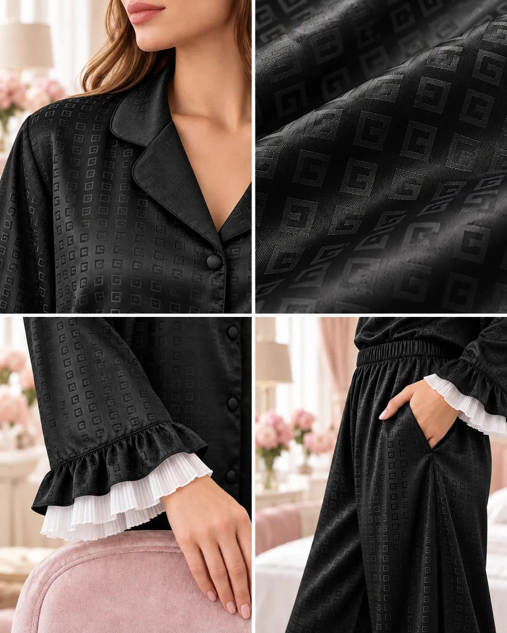 Pyjama Femme Satin Jacquard Extra Fluide Noir à Volants - La Sprezzatura pyjamas