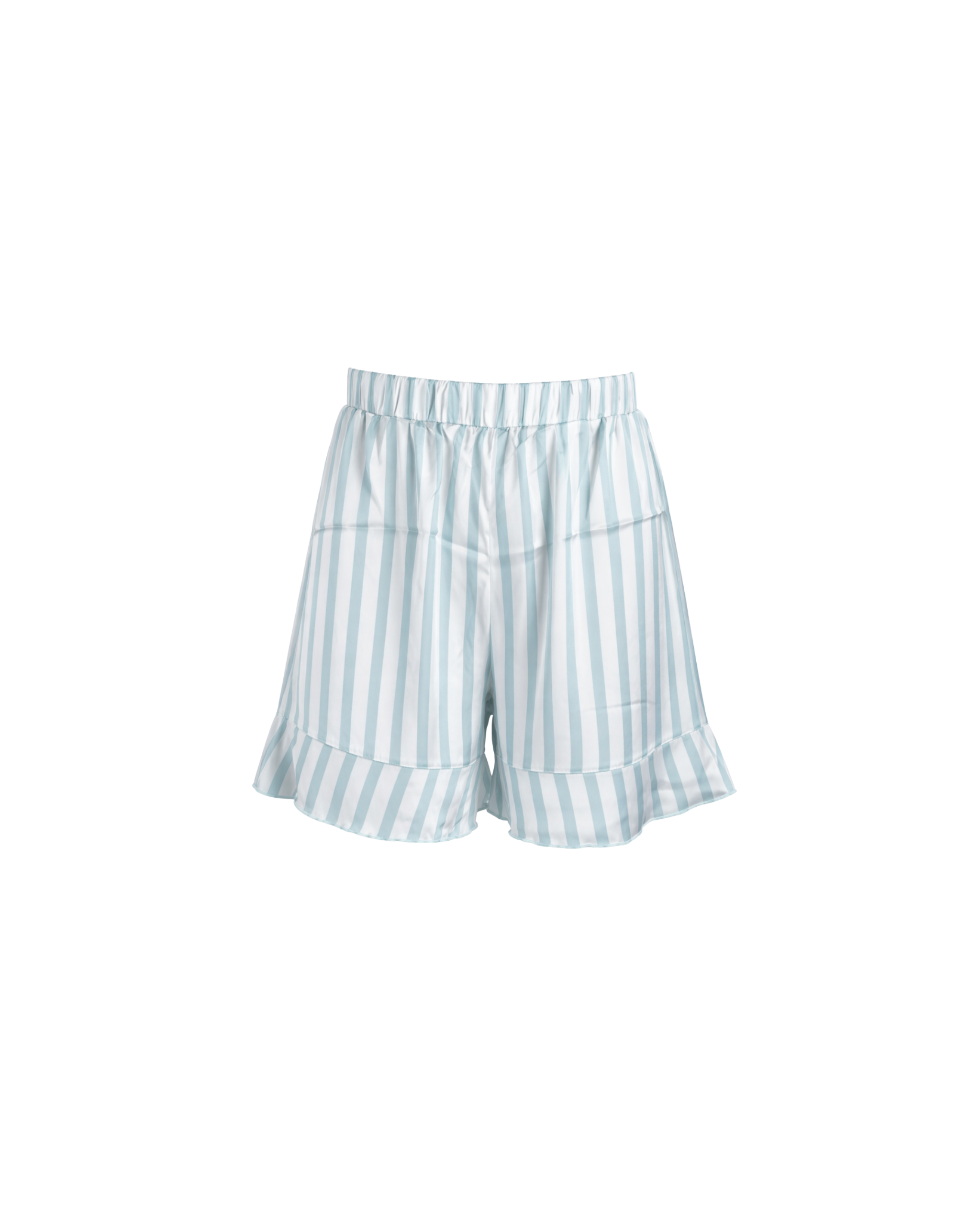 PYJAMA SATIN RAYÉ VERT D’EAU 2 PIÈCES – SHORT À VOLANTS
