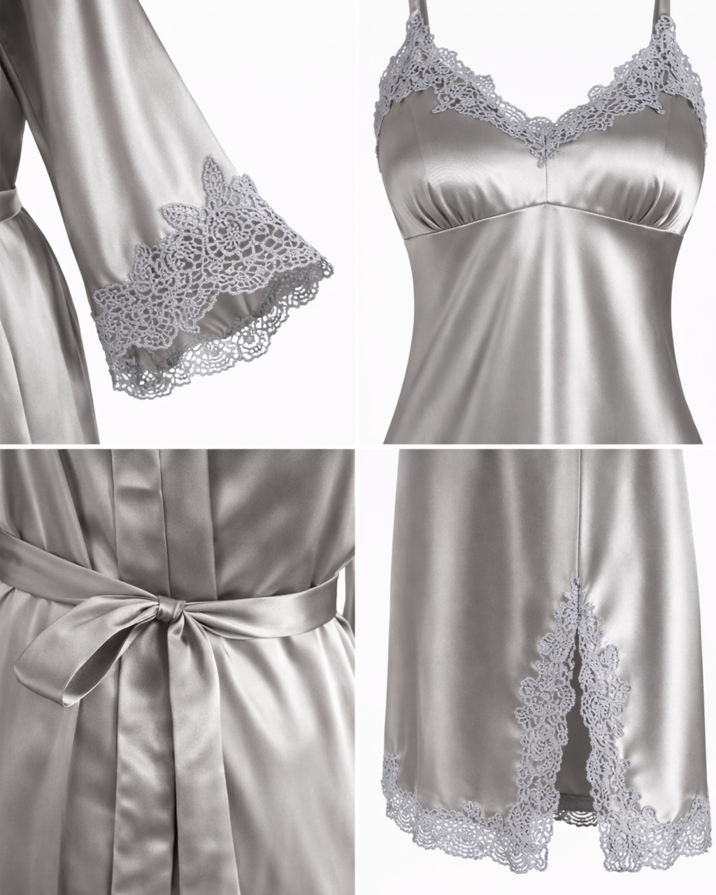 ENSEMBLE SATIN GRIS ARGENTÉ 2 PIÈCES – KIMONO & NUISETTE DENTELLE