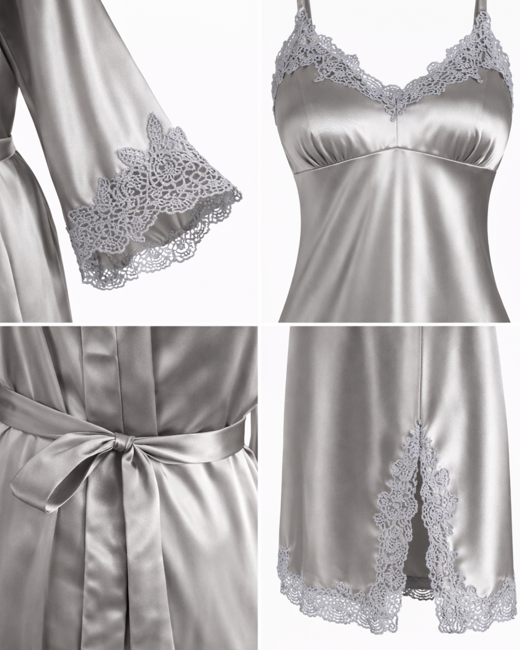 ENSEMBLE SATIN GRIS ARGENTÉ 2 PIÈCES – KIMONO & NUISETTE DENTELLE