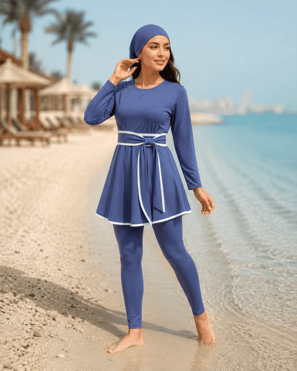 BURKINI FEMME BLEU CIEL ÉLÉGANT 3 PIÈCES AVEC CEINTURE CONTRASTÉE - La Sprezzatura pyjamas