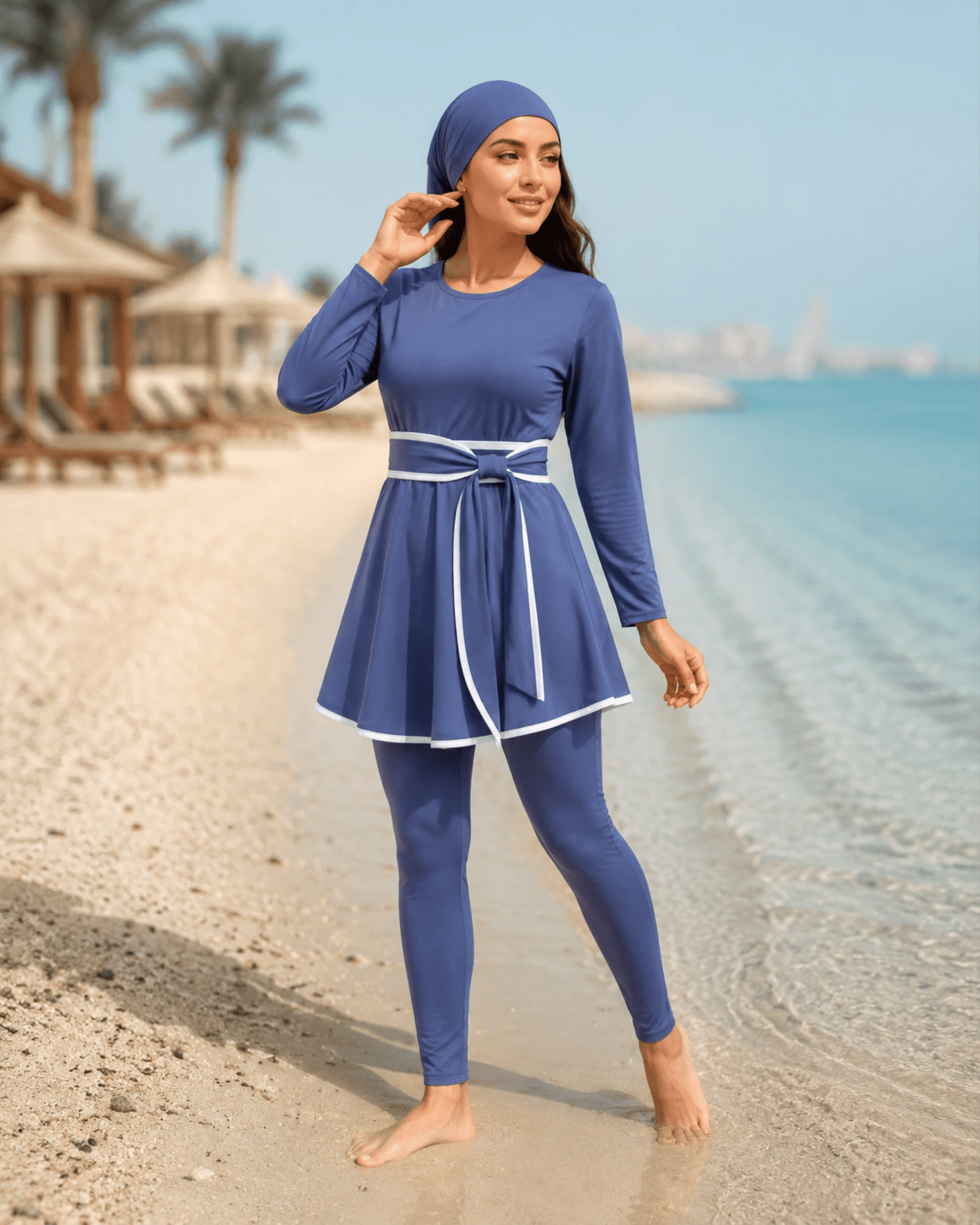 BURKINI FEMME BLEU CIEL ÉLÉGANT 3 PIÈCES AVEC CEINTURE CONTRASTÉE - La Sprezzatura pyjamas