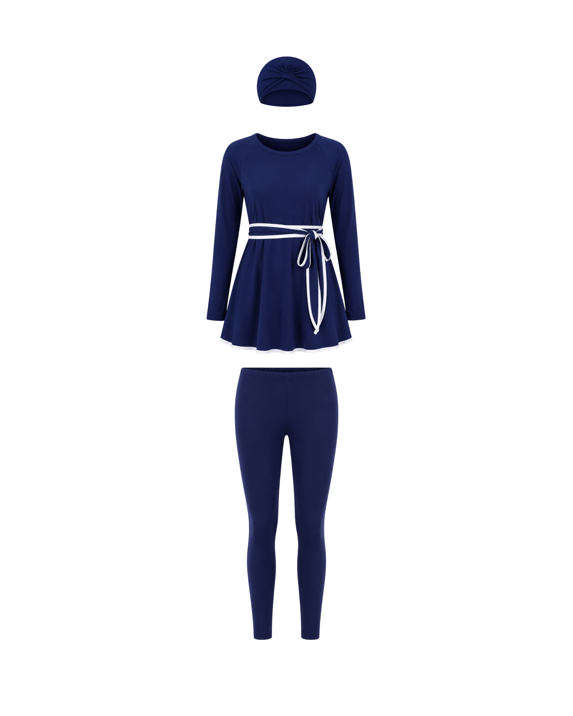 BURKINI FEMME BLEU MARINE ÉLÉGANT 3 PIÈCES AVEC CEINTURE CONTRASTÉE