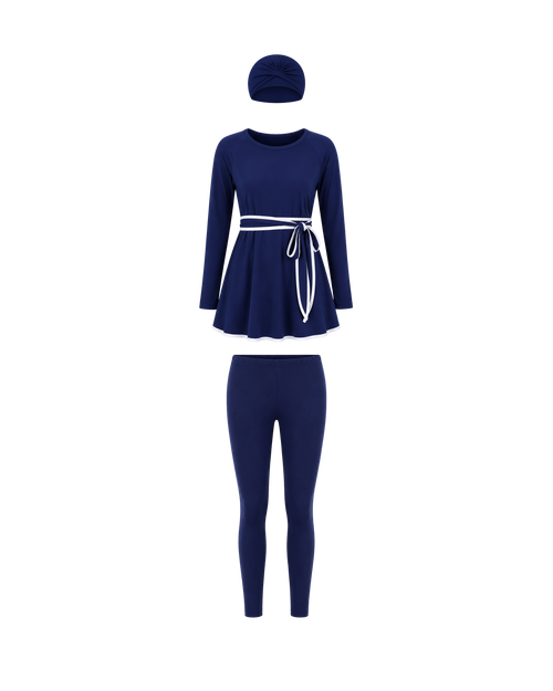 BURKINI FEMME BLEU MARINE ÉLÉGANT 3 PIÈCES AVEC CEINTURE CONTRASTÉE