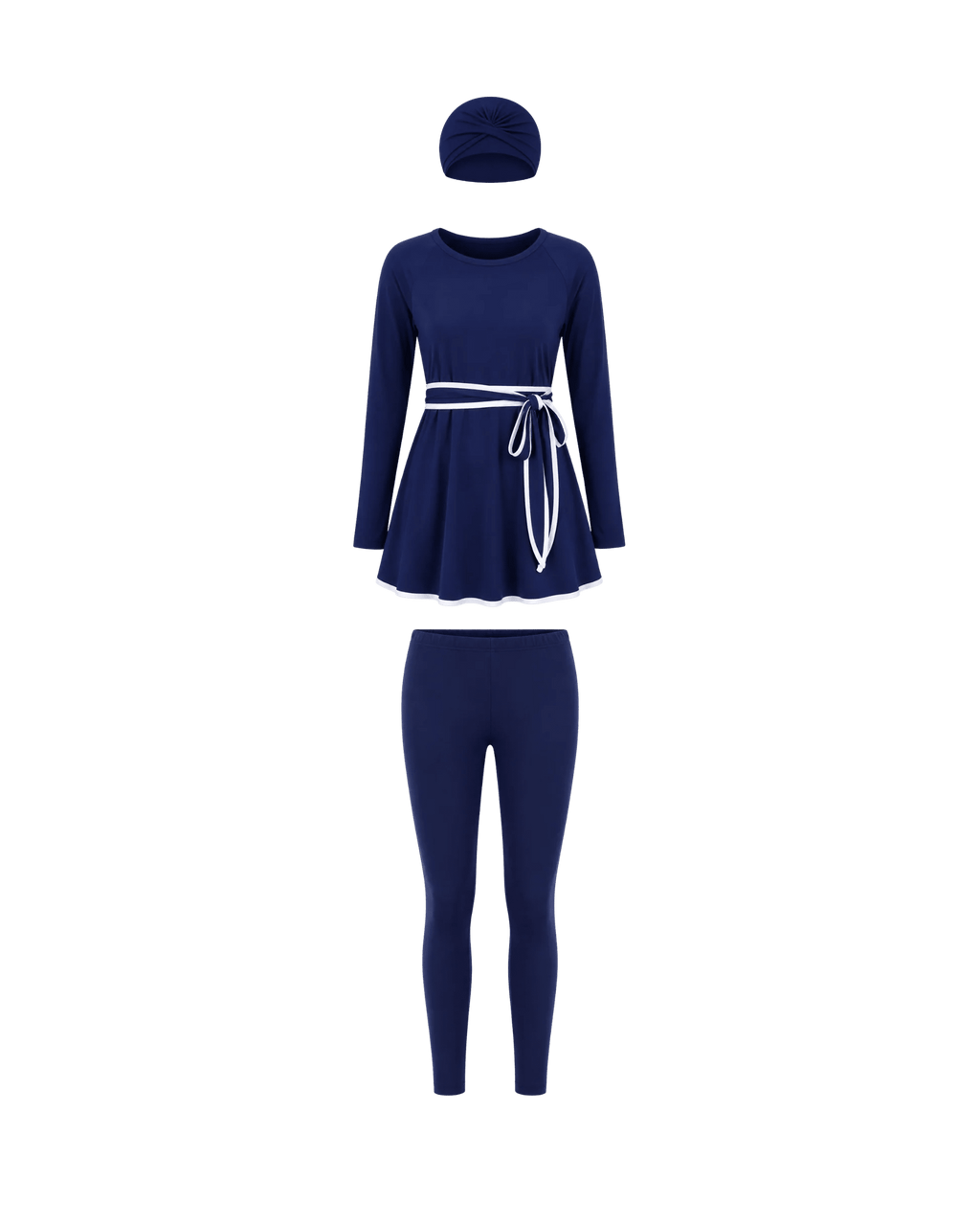 BURKINI FEMME BLEU MARINE ÉLÉGANT 3 PIÈCES AVEC CEINTURE CONTRASTÉE - La Sprezzatura pyjamas