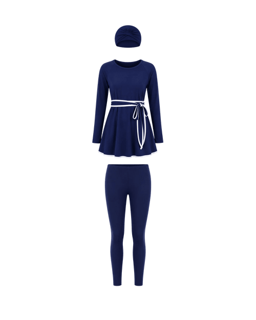 BURKINI FEMME BLEU MARINE ÉLÉGANT 3 PIÈCES AVEC CEINTURE CONTRASTÉE - La Sprezzatura pyjamas