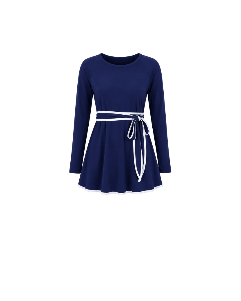BURKINI FEMME BLEU MARINE ÉLÉGANT 3 PIÈCES AVEC CEINTURE CONTRASTÉE - La Sprezzatura pyjamas