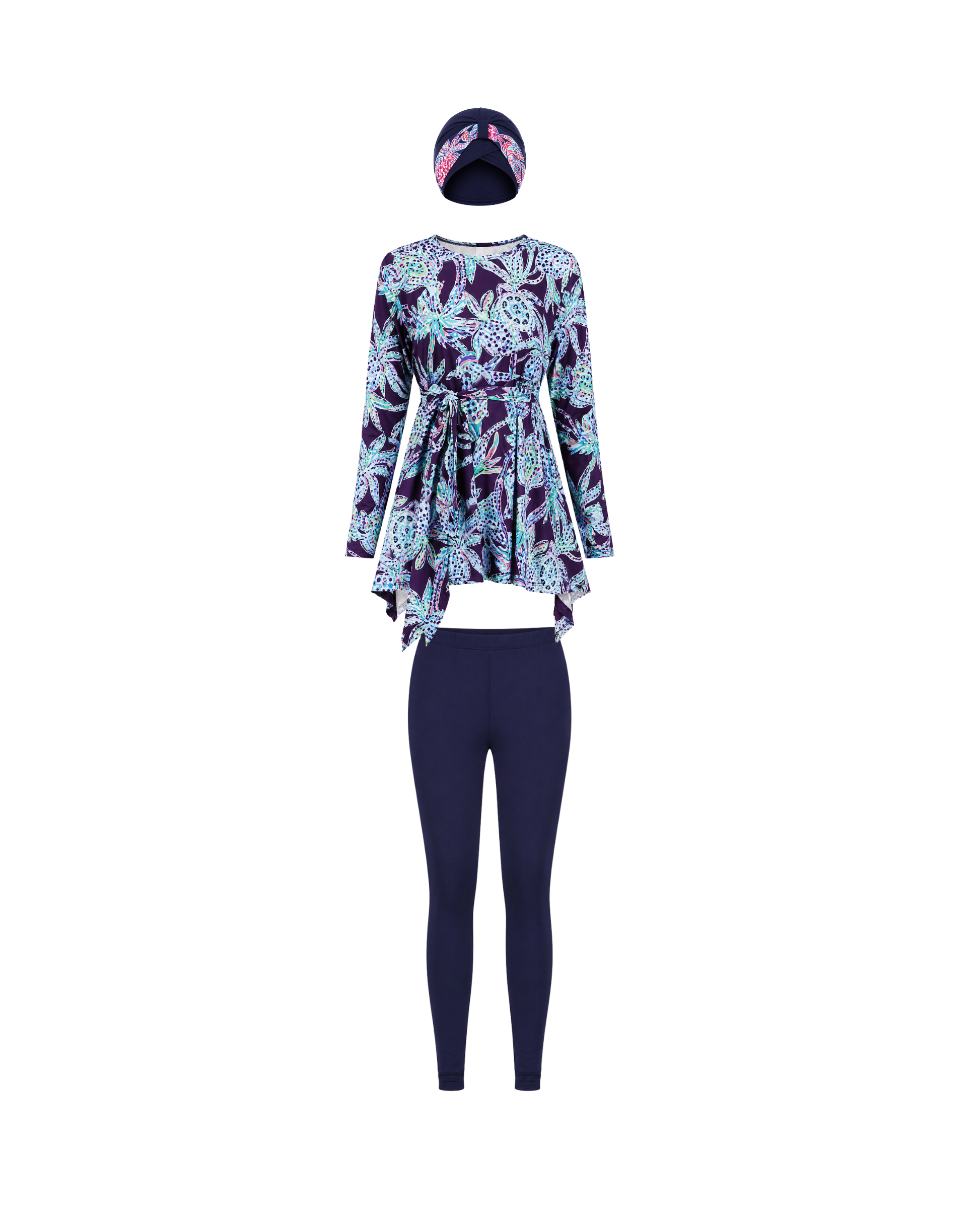 BURKINI FEMME BLEU MARINE IMPRIMÉ FLORAL ROSE 3 PIÈCES AVEC BONNET