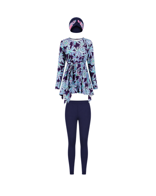 BURKINI FEMME BLEU MARINE IMPRIMÉ FLORAL ROSE 3 PIÈCES AVEC BONNET