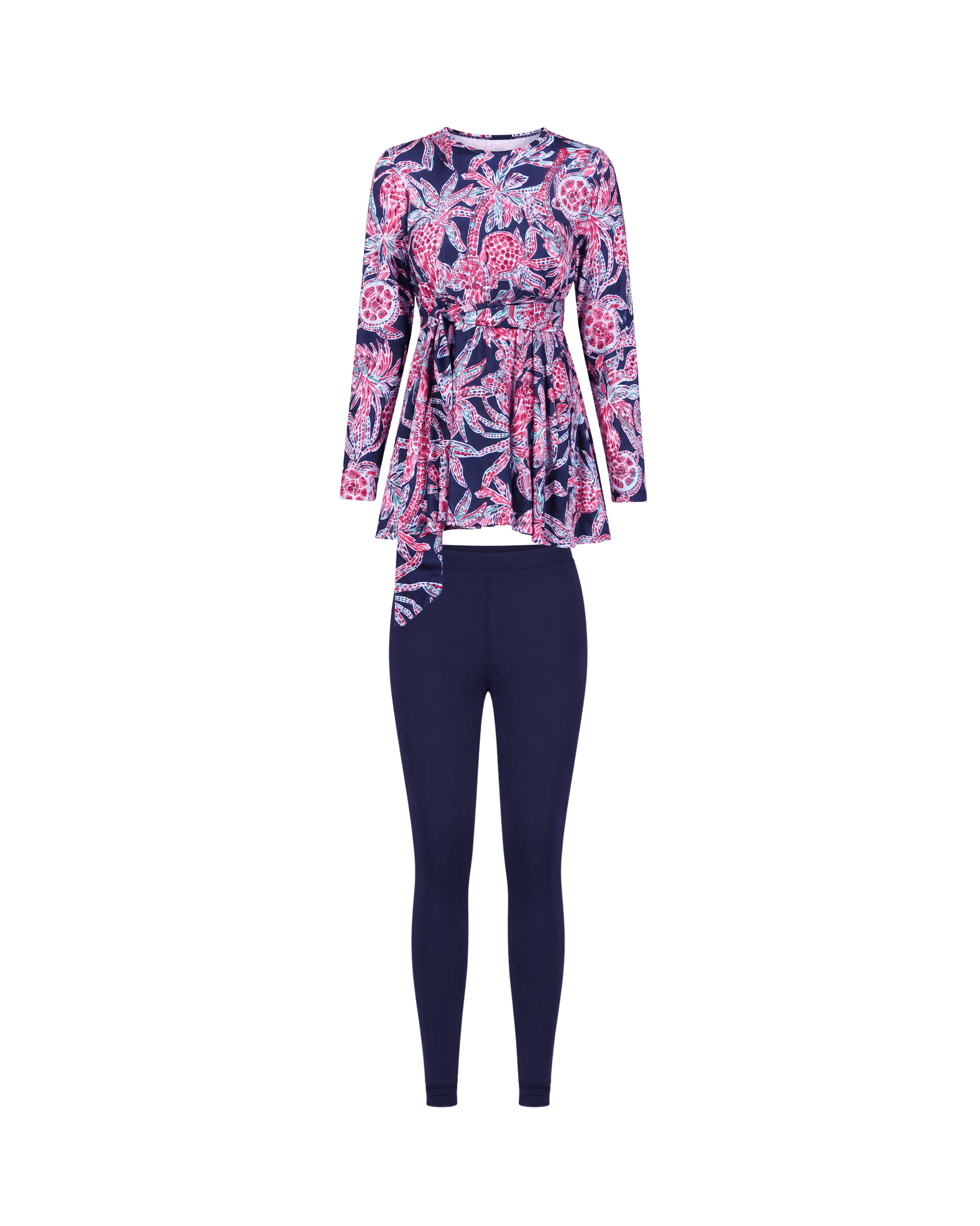 BURKINI FEMME BLEU MARINE IMPRIMÉ FLORAL ROSE 3 PIÈCES AVEC BONNET - La Sprezzatura pyjamas