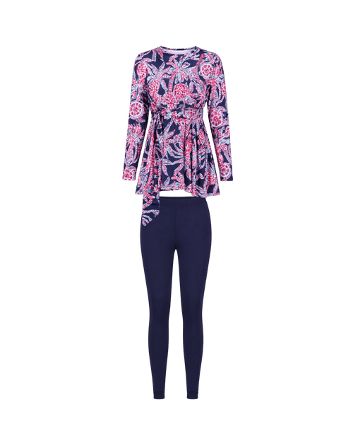 BURKINI FEMME BLEU MARINE IMPRIMÉ FLORAL ROSE 3 PIÈCES AVEC BONNET - La Sprezzatura pyjamas