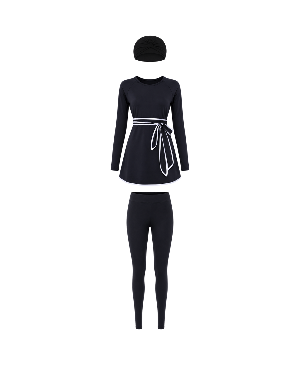 BURKINI FEMME NOIR ÉLÉGANT 3 PIÈCES AVEC CEINTURE CONTRASTÉE