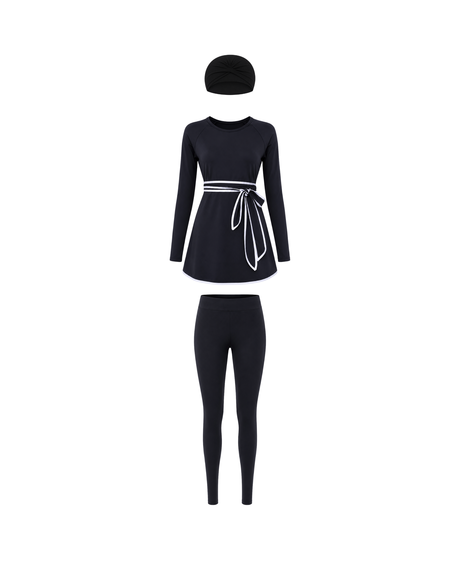 BURKINI FEMME NOIR ÉLÉGANT 3 PIÈCES AVEC CEINTURE CONTRASTÉE