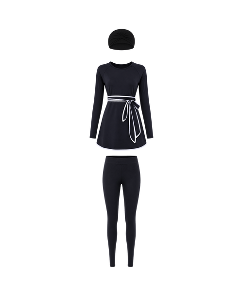 BURKINI FEMME NOIR ÉLÉGANT 3 PIÈCES AVEC CEINTURE CONTRASTÉE