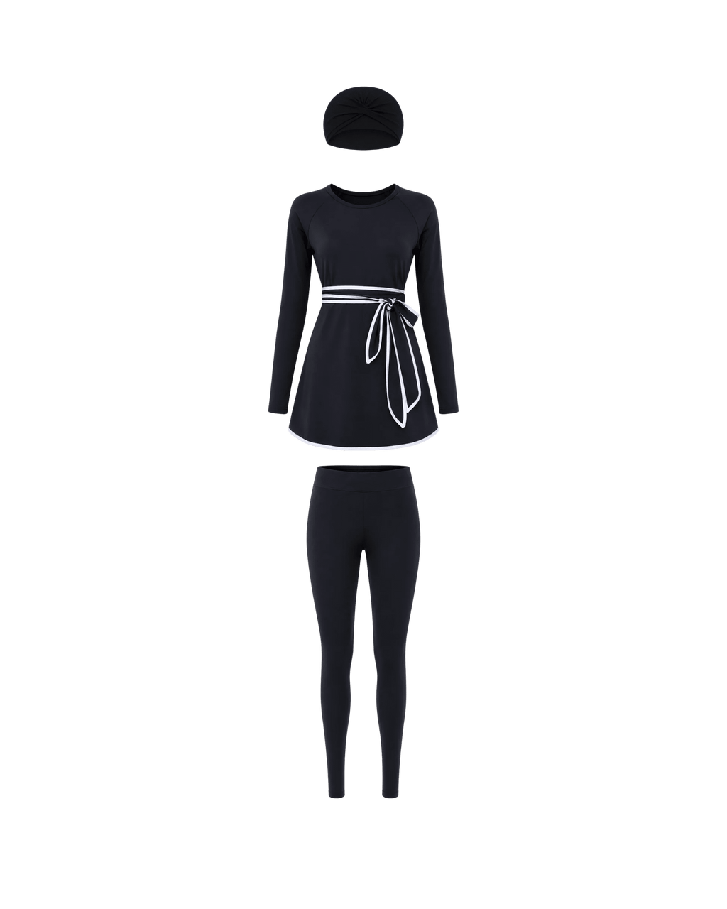 BURKINI FEMME NOIR ÉLÉGANT 3 PIÈCES AVEC CEINTURE CONTRASTÉE - La Sprezzatura pyjamas