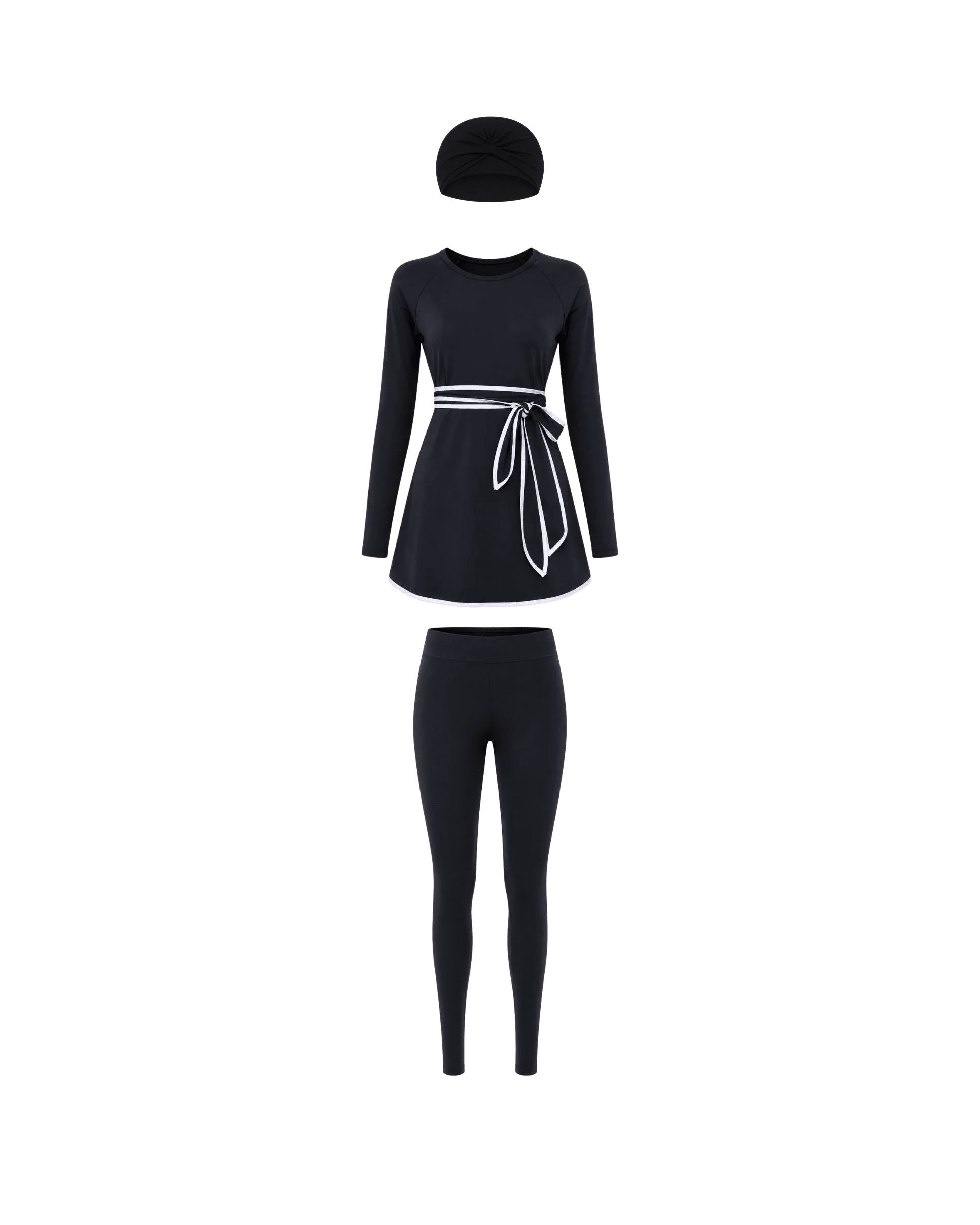 BURKINI FEMME NOIR ÉLÉGANT 3 PIÈCES AVEC CEINTURE CONTRASTÉE - La Sprezzatura pyjamas