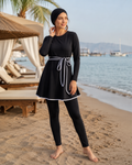 BURKINI FEMME NOIR ÉLÉGANT 3 PIÈCES AVEC CEINTURE CONTRASTÉE