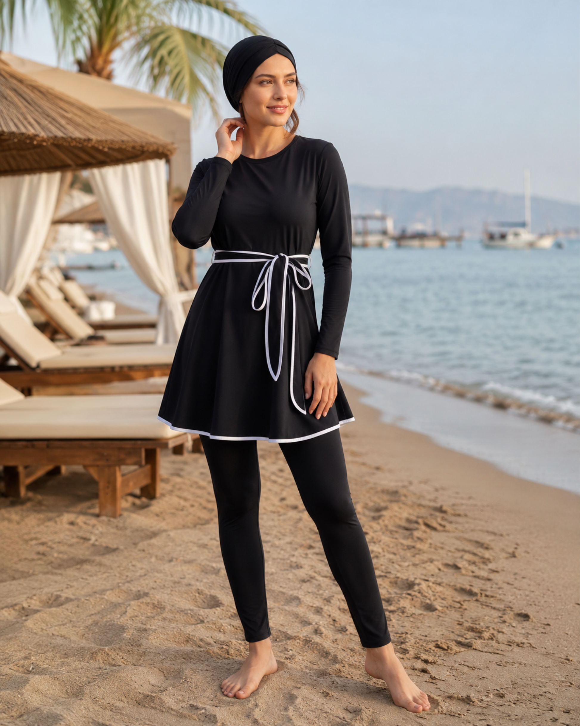 BURKINI FEMME NOIR ÉLÉGANT 3 PIÈCES AVEC CEINTURE CONTRASTÉE