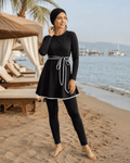 BURKINI FEMME NOIR ÉLÉGANT 3 PIÈCES AVEC CEINTURE CONTRASTÉE - La Sprezzatura pyjamas