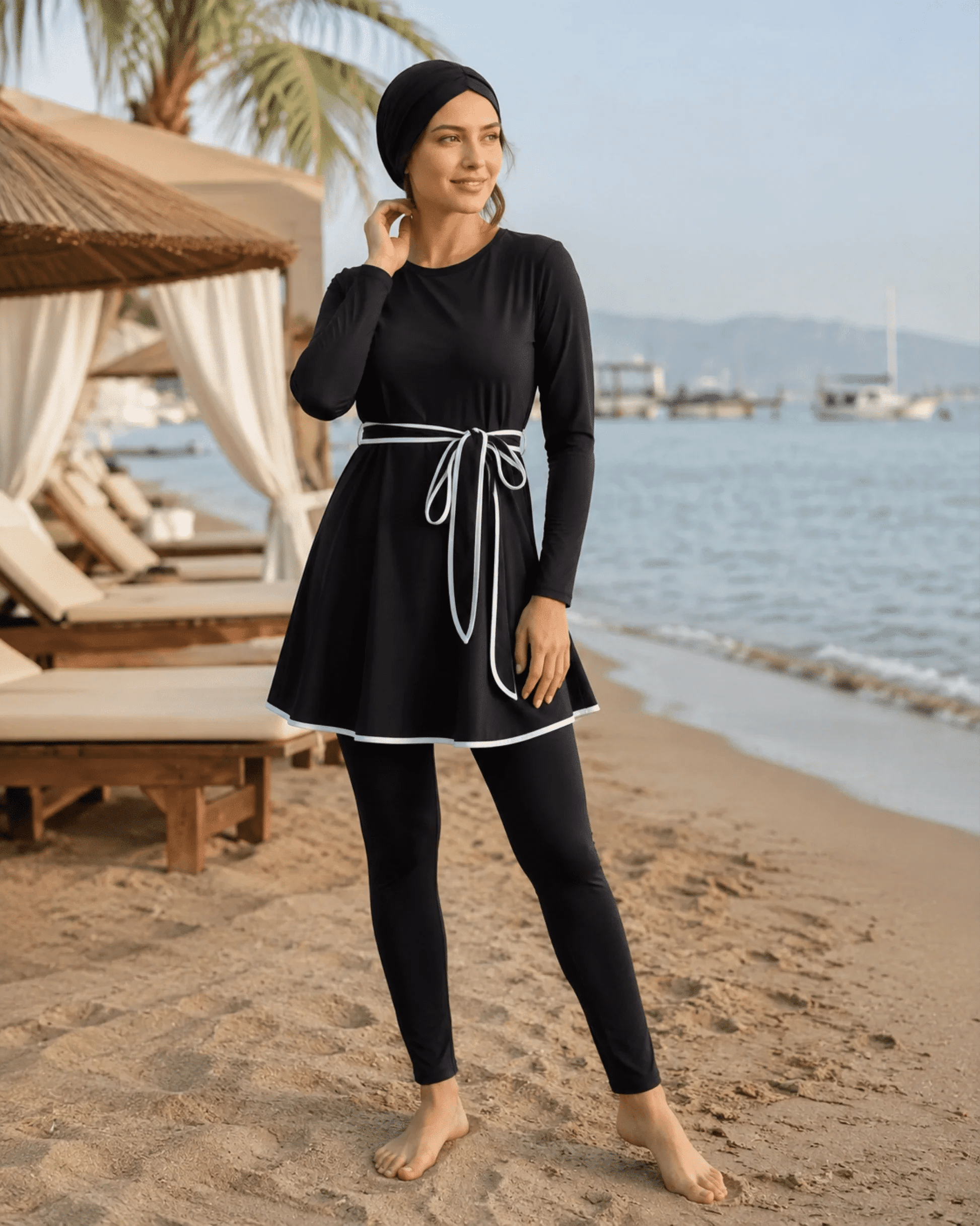 BURKINI FEMME NOIR ÉLÉGANT 3 PIÈCES AVEC CEINTURE CONTRASTÉE - La Sprezzatura pyjamas