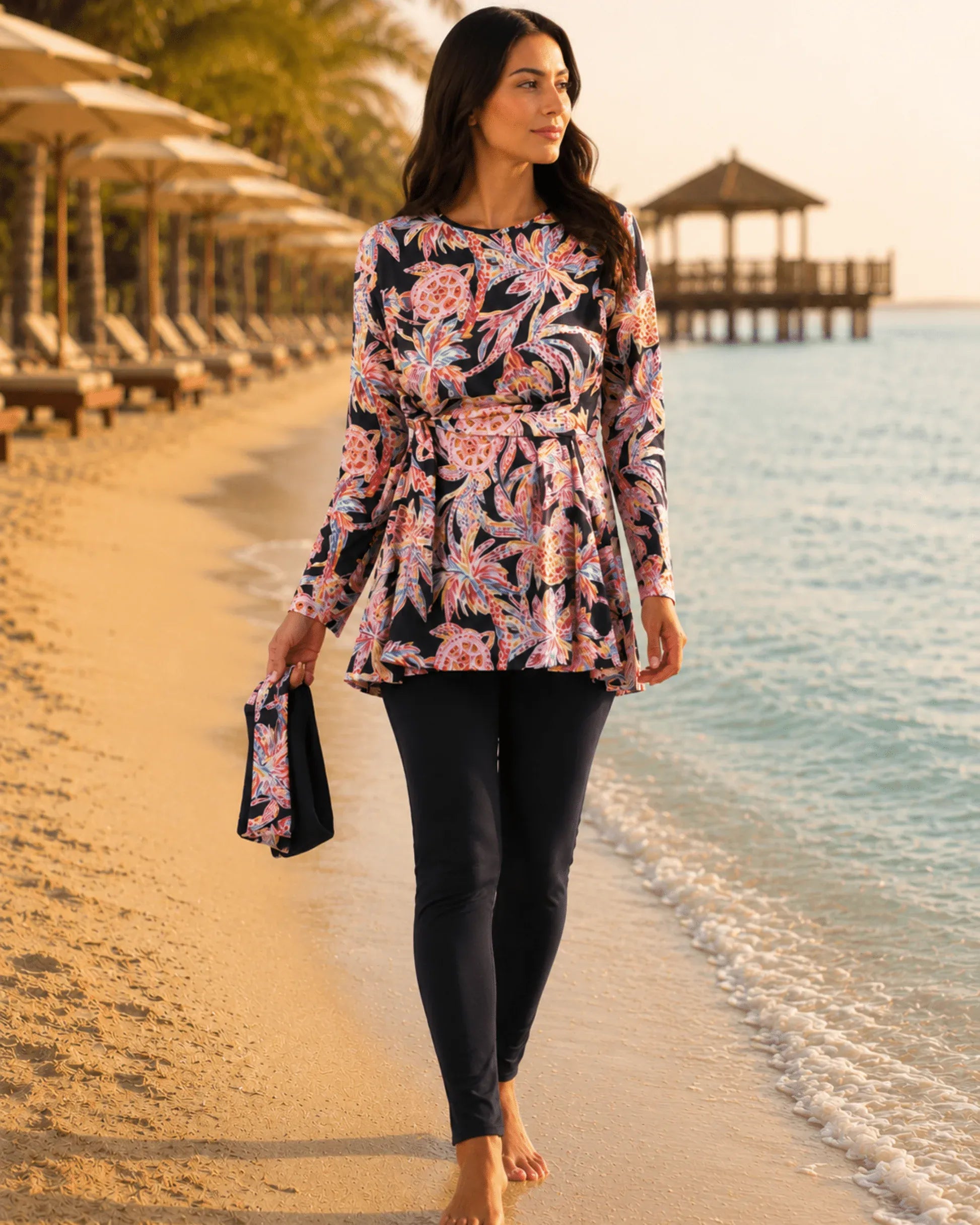 BURKINI FEMME NOIR IMPRIMÉ FLORAL ROSE 3 PIÈCES AVEC BANDEAU - La Sprezzatura pyjamas