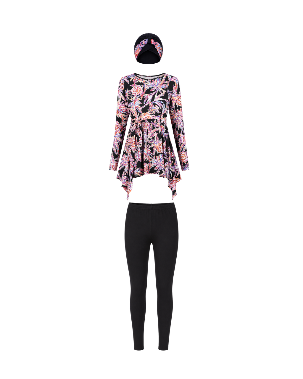 BURKINI FEMME NOIR IMPRIMÉ FLORAL ROSE 3 PIÈCES AVEC BANDEAU