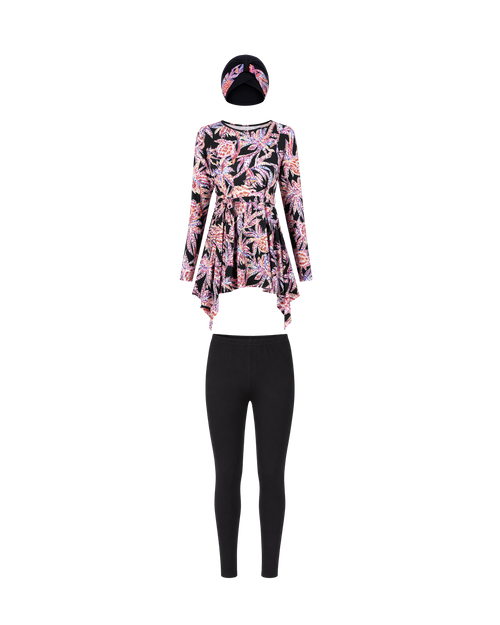 BURKINI FEMME NOIR IMPRIMÉ FLORAL ROSE 3 PIÈCES AVEC BANDEAU