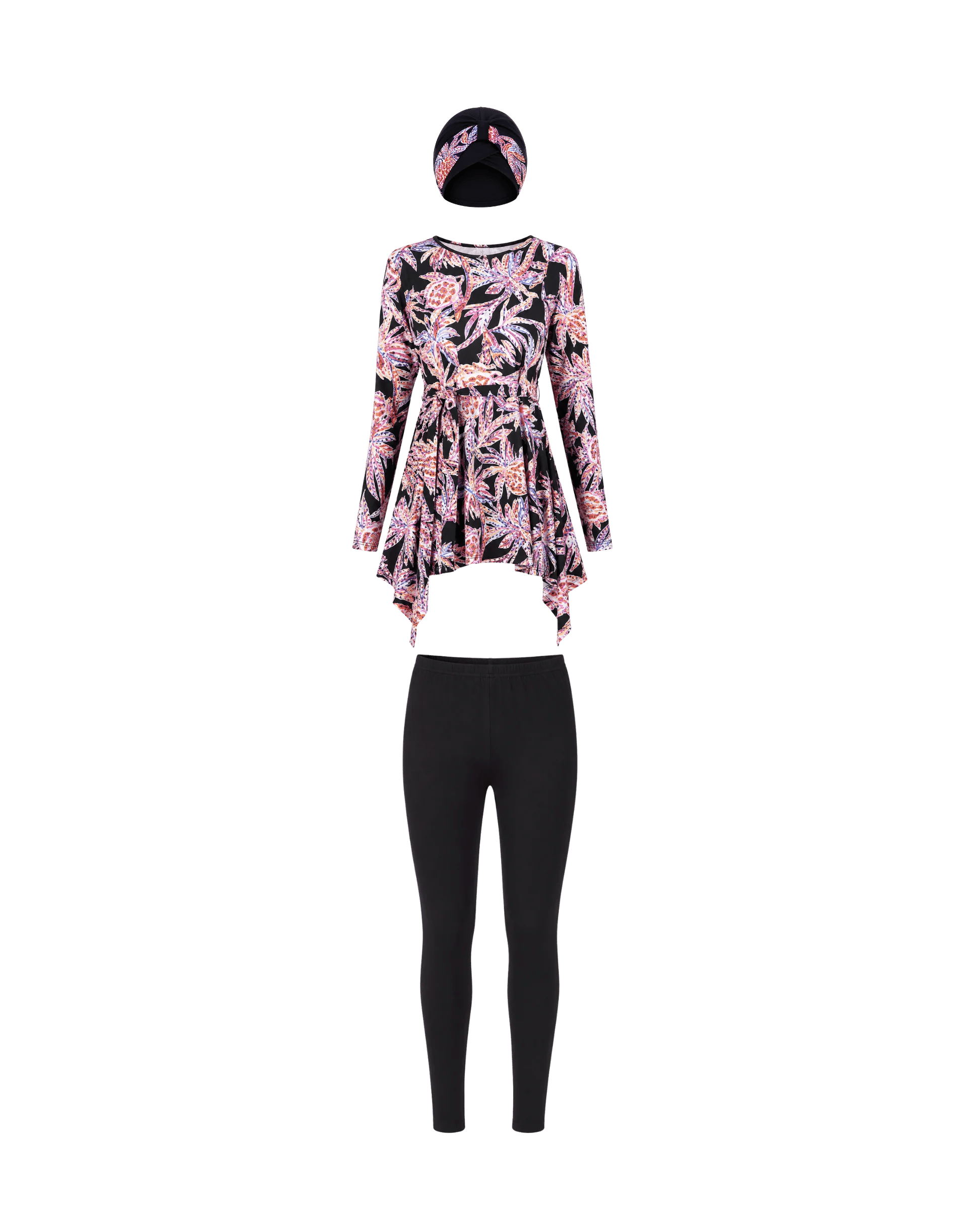 BURKINI FEMME NOIR IMPRIMÉ FLORAL ROSE 3 PIÈCES AVEC BANDEAU - La Sprezzatura pyjamas