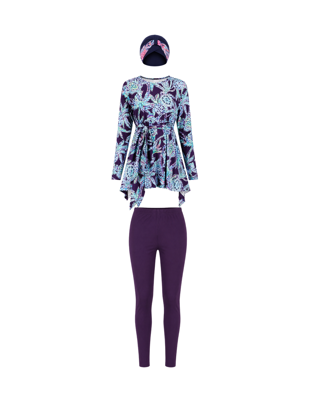 BURKINI FEMME VIOLET IMPRIMÉ FLORAL 3 PIÈCES AVEC BANDEAU