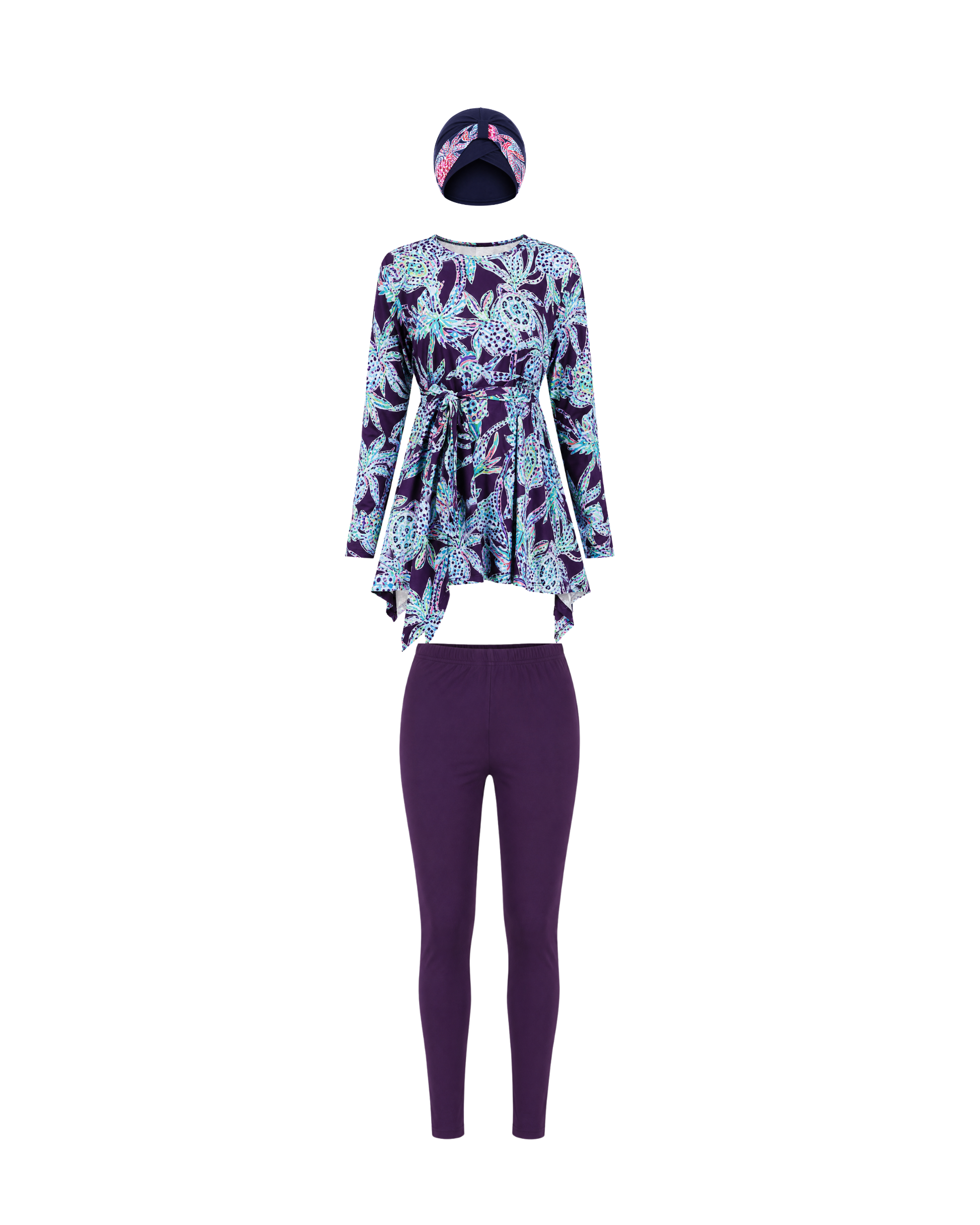 BURKINI FEMME VIOLET IMPRIMÉ FLORAL 3 PIÈCES AVEC BANDEAU