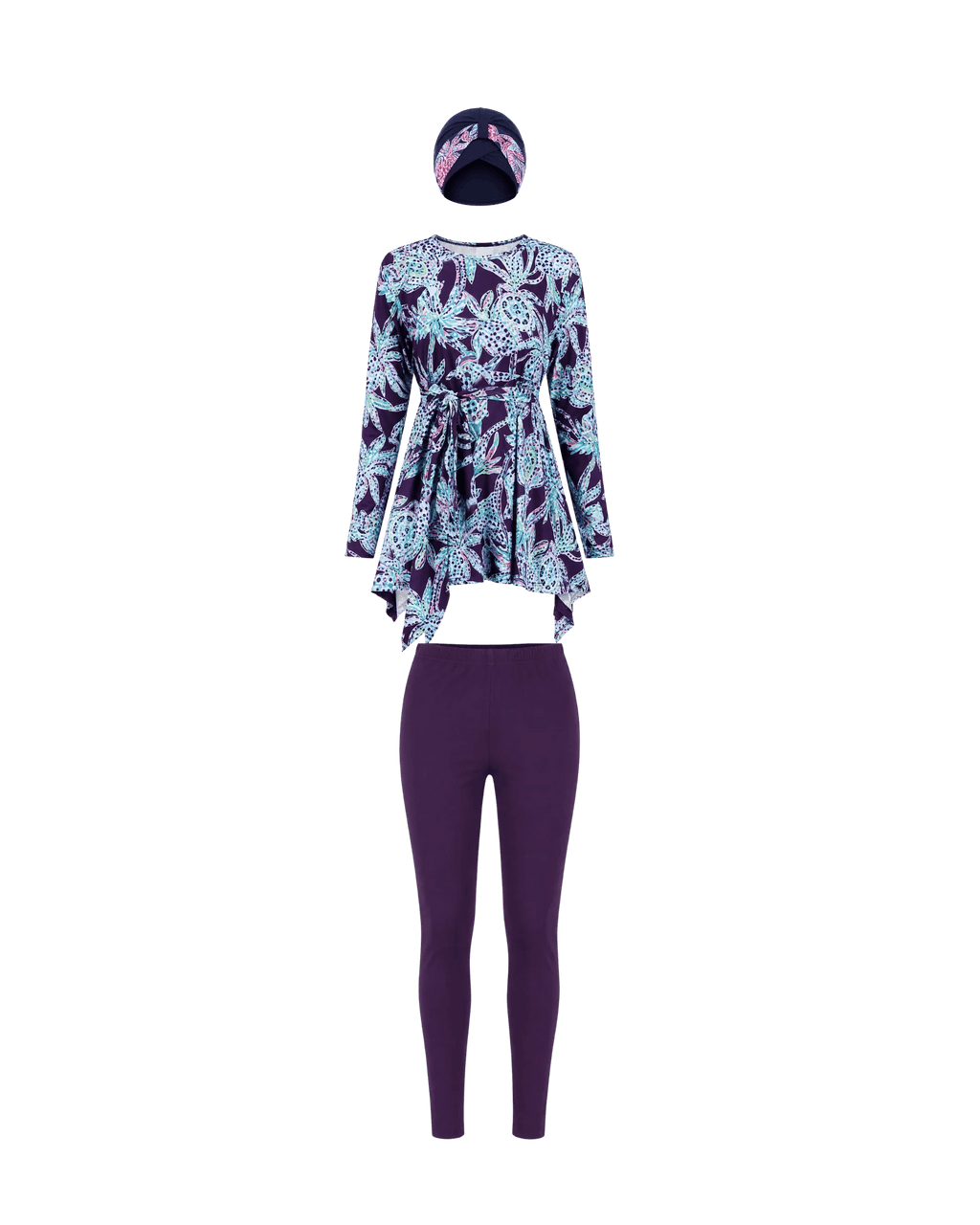 BURKINI FEMME VIOLET IMPRIMÉ FLORAL 3 PIÈCES AVEC BONNET - La Sprezzatura pyjamas