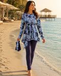 BURKINI FEMME VIOLET IMPRIMÉ FLORAL 3 PIÈCES AVEC BANDEAU