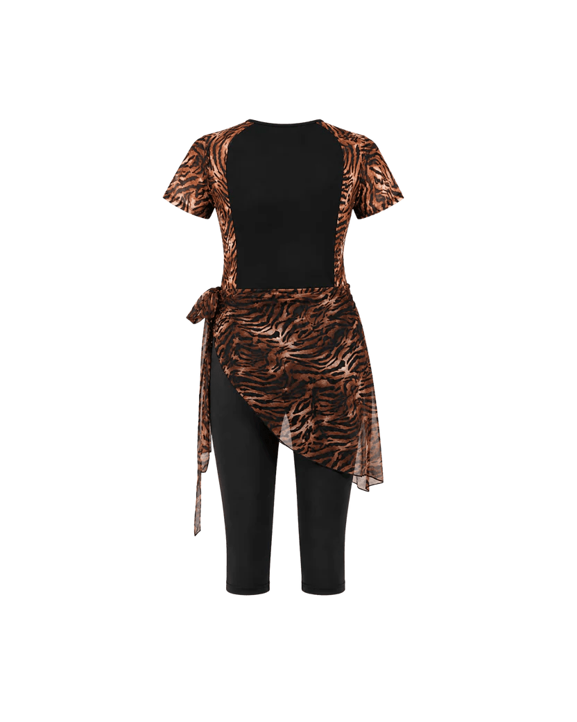 BURKINI FEMME MARRON IMPRIMÉ TIGRE AVEC CACHE-MAILLOT PORTEFEUILLE - La Sprezzatura pyjamas