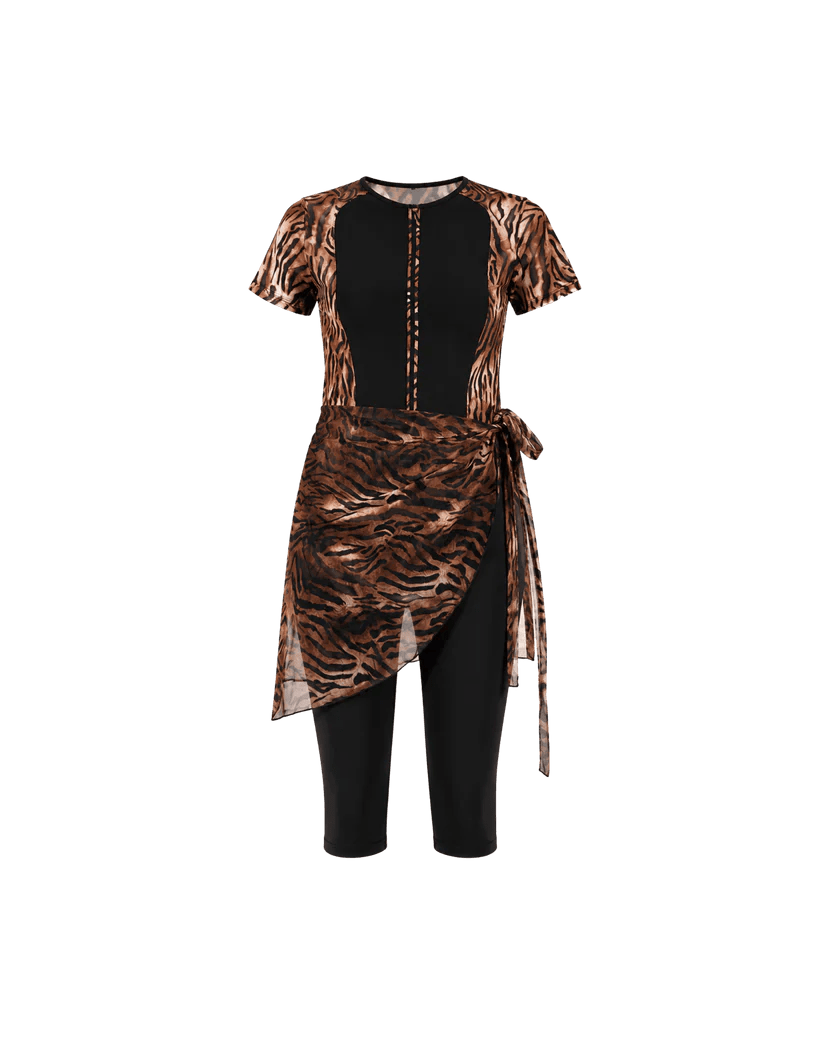BURKINI FEMME MARRON IMPRIMÉ TIGRE AVEC CACHE-MAILLOT PORTEFEUILLE - La Sprezzatura pyjamas